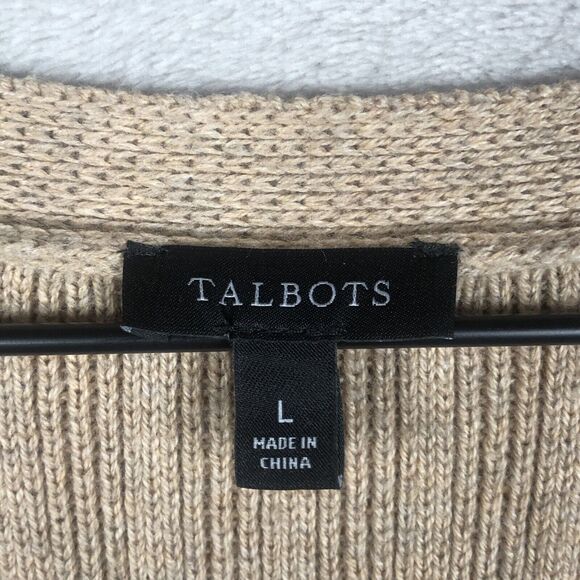TALBOTS Sweater Women’s Sz L Tan Cotton Long Balloon Sleeve V-Neck Ribbed Raglan - Picture 3 of 10